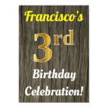 [ Thumbnail: Faux Wood, Faux Gold 3rd Birthday Celebration Invitation ]