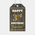 [ Thumbnail: Faux Wood, Faux Gold 3rd Birthday + Custom Name Gift Tags ]