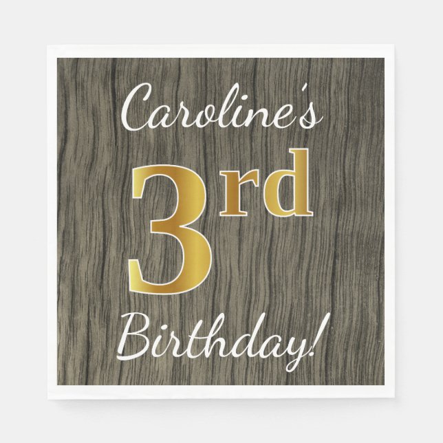 Faux Wood, Faux Gold 3rd Birthday + Custom Name Napkins (Front)