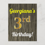 [ Thumbnail: Faux Wood, Faux Gold 3rd Birthday & Custom Name Postcard ]