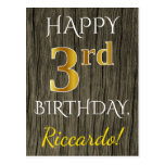 [ Thumbnail: Faux Wood, Faux Gold 3rd Birthday + Custom Name Postcard ]