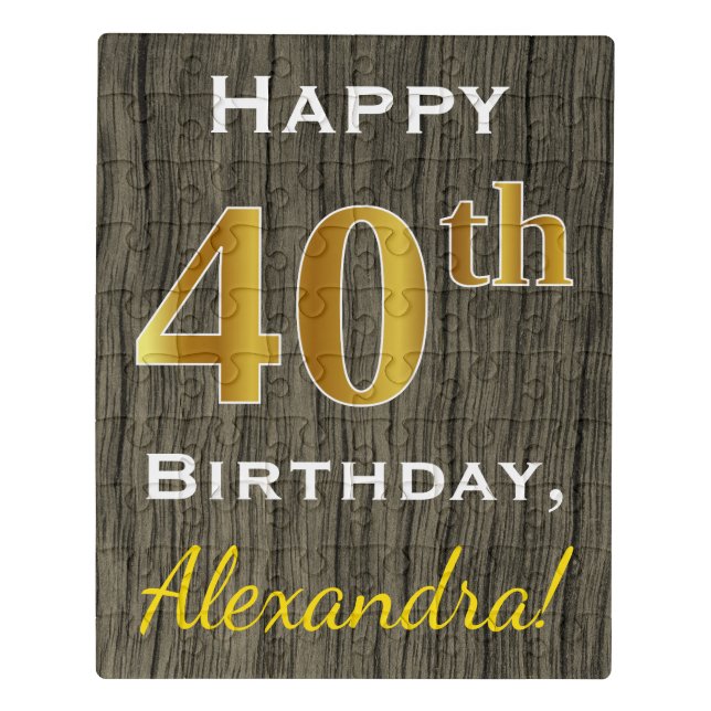 Faux Wood, Faux Gold 40th Birthday + Custom Name Jigsaw Puzzle (Puzzle Vertical)