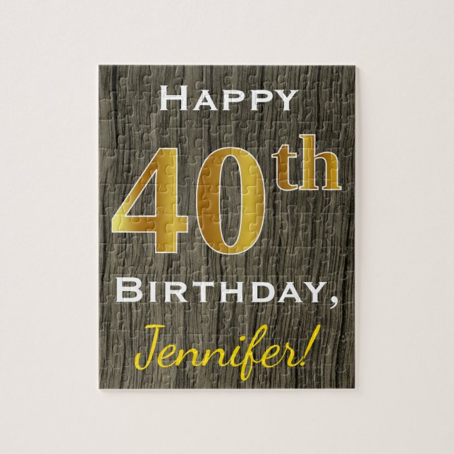 Faux Wood, Faux Gold 40th Birthday + Custom Name Jigsaw Puzzle (Vertical)