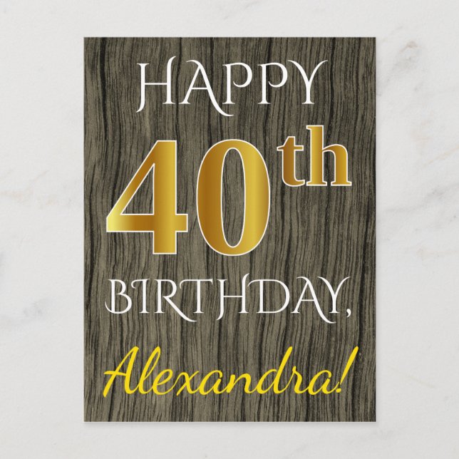 Faux Wood, Faux Gold 40th Birthday + Custom Name Postcard (Front)