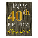 [ Thumbnail: Faux Wood, Faux Gold 40th Birthday + Custom Name Postcard ]