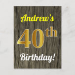 [ Thumbnail: Faux Wood, Faux Gold 40th Birthday & Custom Name Postcard ]