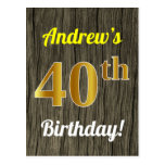 [ Thumbnail: Faux Wood, Faux Gold 40th Birthday & Custom Name Postcard ]