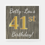 [ Thumbnail: Faux Wood, Faux Gold 41st Birthday + Custom Name Napkin ]