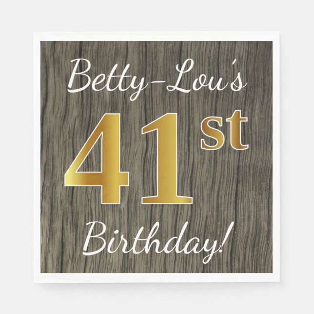 Faux Wood, Faux Gold 41st Birthday + Custom Name Napkins (Front)