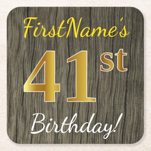 Faux Wood Faux Gold 41st Birthday  Custom Name Square Paper Coaster