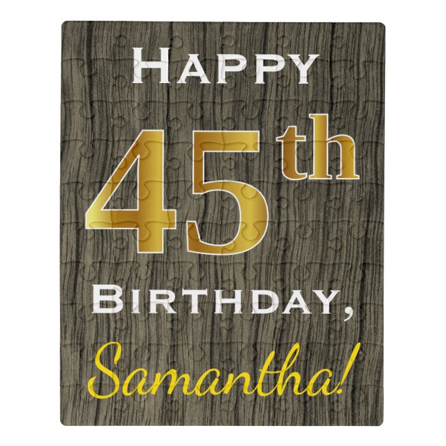 Faux Wood, Faux Gold 45th Birthday + Custom Name Jigsaw Puzzle (Puzzle Vertical)