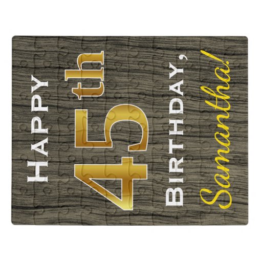 Faux Wood Faux Gold 45th Birthday Custom Name Jigsaw Puzzle Zazzle