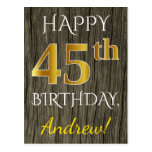 [ Thumbnail: Faux Wood, Faux Gold 45th Birthday + Custom Name Postcard ]