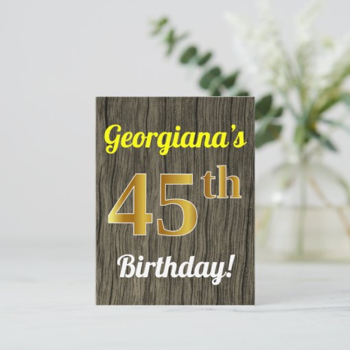 Faux Wood Faux Gold 45th Birthday And Custom Name Postcard Zazzle