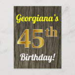[ Thumbnail: Faux Wood, Faux Gold 45th Birthday & Custom Name Postcard ]