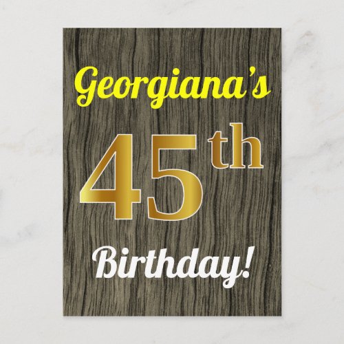 Faux Wood Faux Gold 45th Birthday  Custom Name Postcard