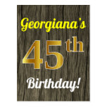 [ Thumbnail: Faux Wood, Faux Gold 45th Birthday & Custom Name Postcard ]