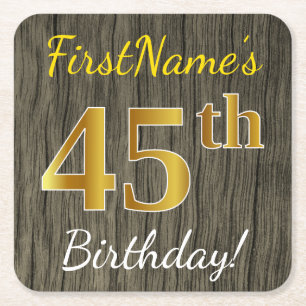 Faux Wood, Faux Gold 45th Birthday + Custom Name Square Paper Coaster
