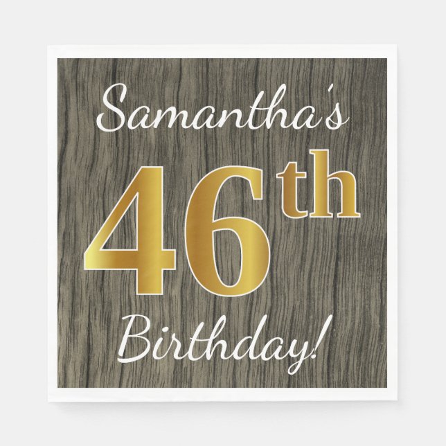 Faux Wood, Faux Gold 46th Birthday + Custom Name Napkins (Front)