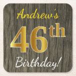 [ Thumbnail: Faux Wood, Faux Gold 46th Birthday + Custom Name Paper Coaster ]