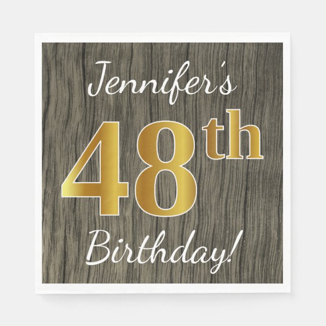 Faux Wood, Faux Gold 48th Birthday + Custom Name Napkins (Front)