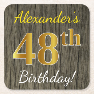 Faux Wood, Faux Gold 48th Birthday + Custom Name Square Paper Coaster