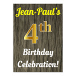 [ Thumbnail: Faux Wood, Faux Gold 4th Birthday Celebration Invitation ]