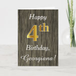 [ Thumbnail: Faux Wood, Faux Gold 4th Birthday + Custom Name Card ]