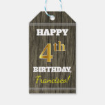 [ Thumbnail: Faux Wood, Faux Gold 4th Birthday + Custom Name Gift Tags ]