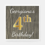 [ Thumbnail: Faux Wood, Faux Gold 4th Birthday + Custom Name Paper Napkin ]
