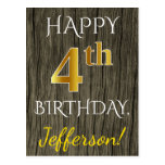 [ Thumbnail: Faux Wood, Faux Gold 4th Birthday + Custom Name Postcard ]