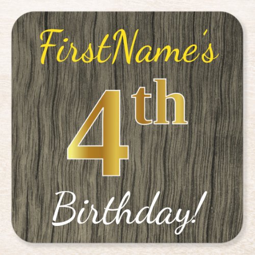 Faux Wood Faux Gold 4th Birthday  Custom Name Square Paper Coaster