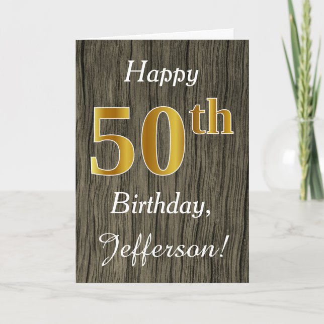 Faux Wood, Faux Gold 50th Birthday + Custom Name Card (Front)