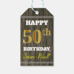 [ Thumbnail: Faux Wood, Faux Gold 50th Birthday + Custom Name Gift Tags ]