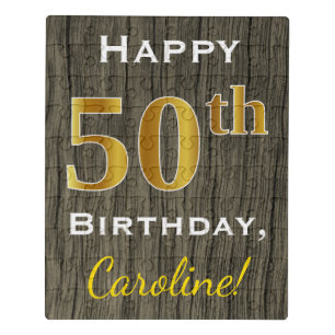 Faux Wood, Faux Gold 50th Birthday + Custom Name Jigsaw Puzzle