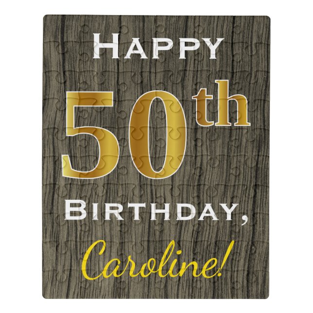 Faux Wood, Faux Gold 50th Birthday + Custom Name Jigsaw Puzzle (Puzzle Vertical)