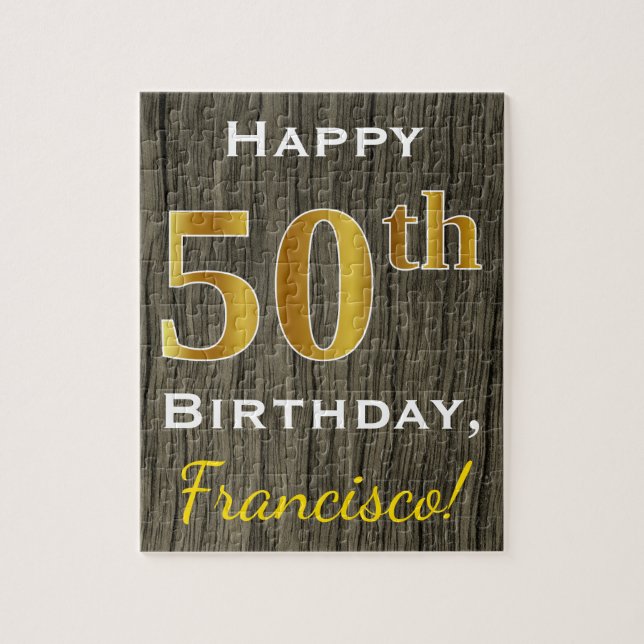 Faux Wood, Faux Gold 50th Birthday + Custom Name Jigsaw Puzzle (Vertical)