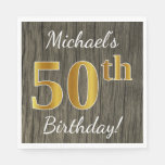 [ Thumbnail: Faux Wood, Faux Gold 50th Birthday + Custom Name Napkin ]
