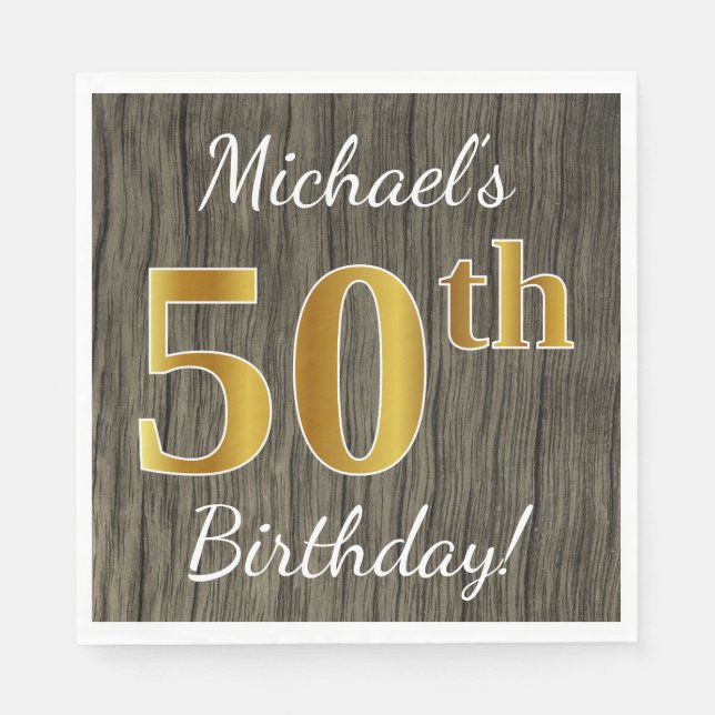 Faux Wood, Faux Gold 50th Birthday + Custom Name Napkins (Front)
