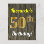 [ Thumbnail: Faux Wood, Faux Gold 50th Birthday & Custom Name Postcard ]