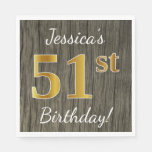 [ Thumbnail: Faux Wood, Faux Gold 51st Birthday + Custom Name Napkin ]
