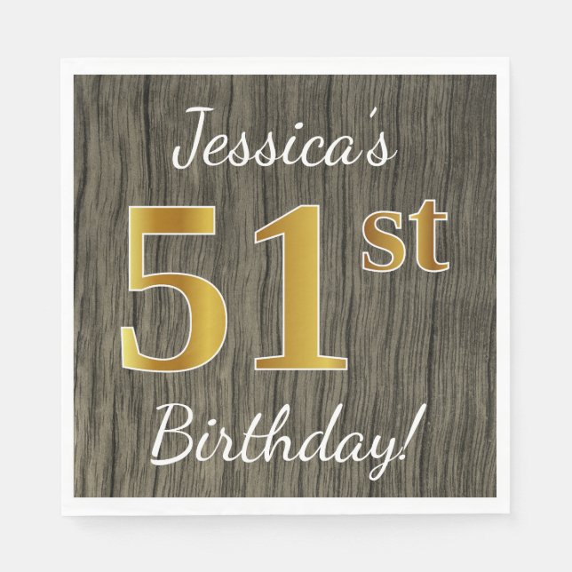 Faux Wood, Faux Gold 51st Birthday + Custom Name Napkins (Front)
