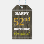 [ Thumbnail: Faux Wood, Faux Gold 52nd Birthday + Custom Name Gift Tags ]