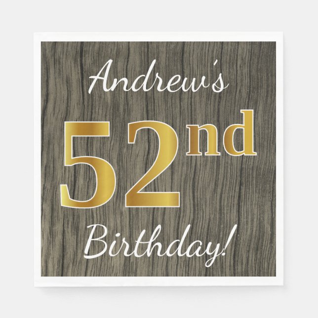Faux Wood, Faux Gold 52nd Birthday + Custom Name Napkins (Front)