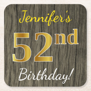 Faux Wood, Faux Gold 52nd Birthday + Custom Name Square Paper Coaster