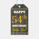 [ Thumbnail: Faux Wood, Faux Gold 54th Birthday + Custom Name Gift Tags ]