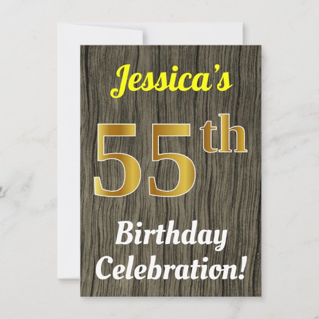 Faux Wood, Faux Gold 55th Birthday Celebration Invitation (Front)