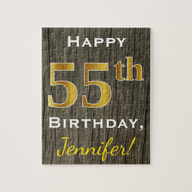 Faux Wood, Faux Gold 55th Birthday + Custom Name Jigsaw Puzzle (Vertical)