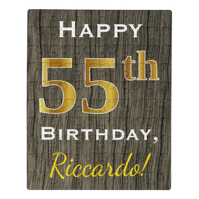 Faux Wood, Faux Gold 55th Birthday + Custom Name Jigsaw Puzzle (Puzzle Vertical)