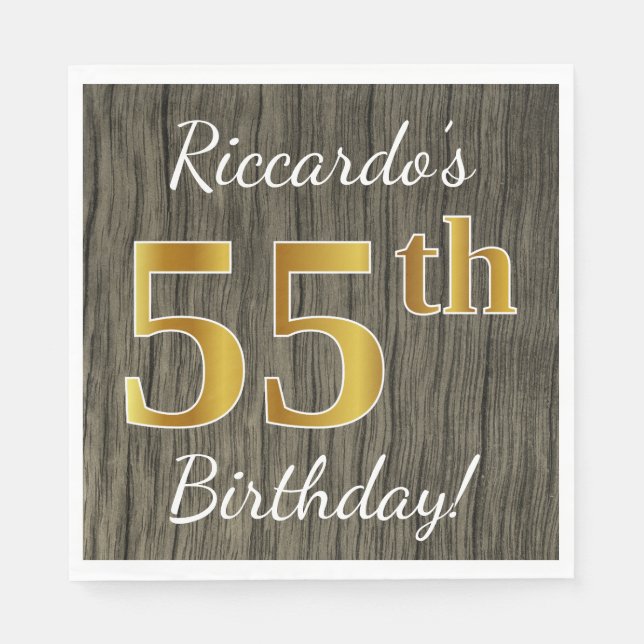 Faux Wood, Faux Gold 55th Birthday + Custom Name Paper Napkins (Front)